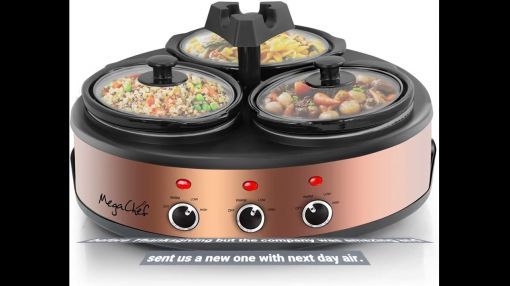 Megachef Mc-1103 Round Triple 1.5 Quart Slow Cooker And Buffet Server In 