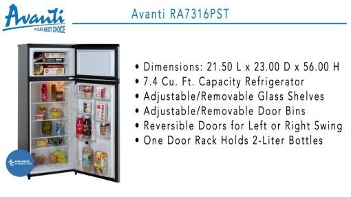 Avanti (RA7316PSTIS) 7.4 Cu. Ft. Two Door Apartment Size Refrigerator - Avanti 22" Freestanding Top Freezer Refrigerator RA7316PST at www.appliancesconnection.com
