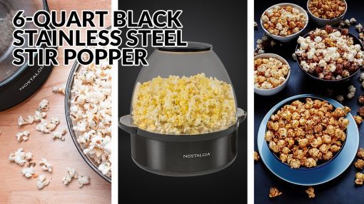 Nostalgia (SP6BS) Popcorn Popper Machine - SP6BS | 6-Quart Black Stainless Steel Stir Popper