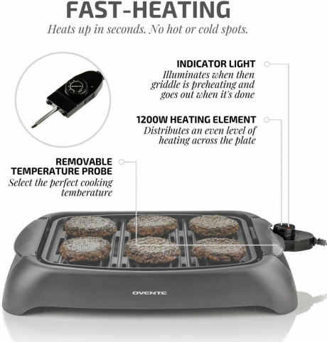 Ovente Electric Cooking Grill 13 x 10 Inch Flat Plate, Nonstick Cast