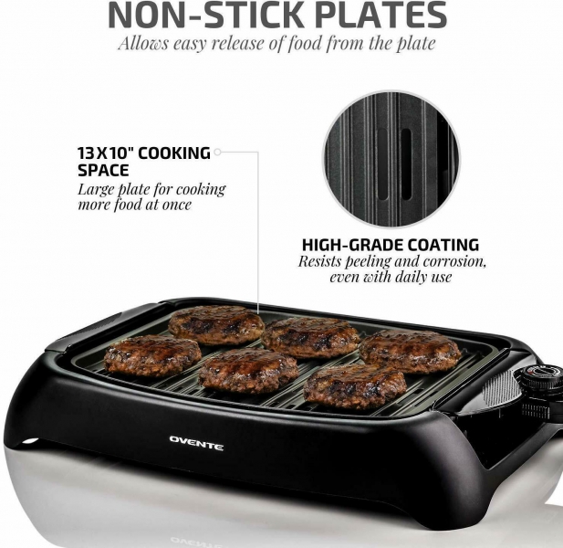 Ovente Electric Cooking Grill 13 x 10 Inch Flat Plate, Nonstick Cast ...