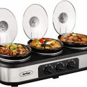 Electric Slow Cooker, 3x1.5 Quart Triple Slow Cooker Buffet Server, Food Warmer Crock Pot for Party Holiday, Adjustable Temp Removable Ceramic Pots Lid Rests