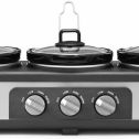 Bella Triple 3 x1.5 Quart Manual Slow Cooker and Buffet Server with Tempered Glass Lids, Stainless Steel (New Open Box)